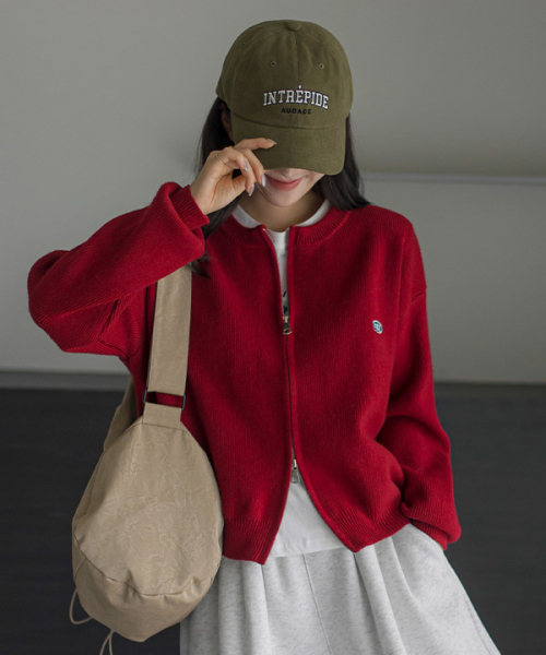 コスエグ 刺繍 2ウェイ ニット ジップアップ カーディガン