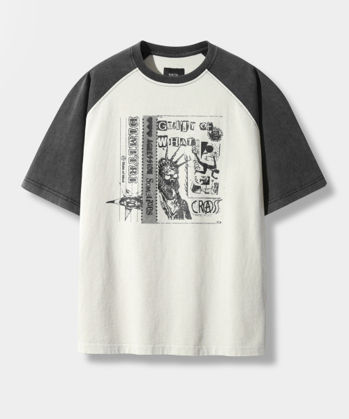 DIMITRI BLACK ラグランスリーブ 配色ピグメント アートワーク半袖Tシャツ クリーム&ブラック 画像 3