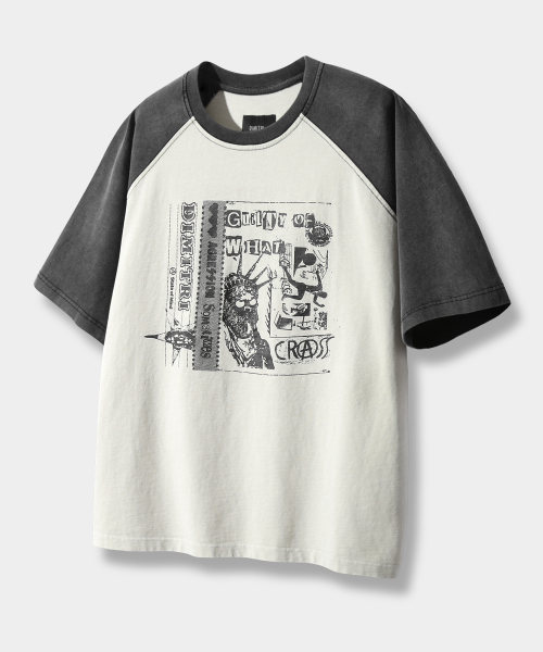 DIMITRI BLACK ラグランスリーブ 配色ピグメント アートワーク半袖Tシャツ クリーム&ブラック 画像 2