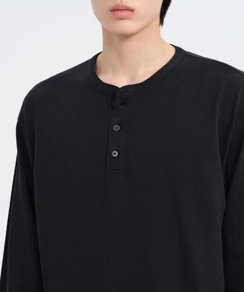 ヘンリーネック 長袖Tシャツ リブカフス ブラック メンズ カジュアル 画像 4