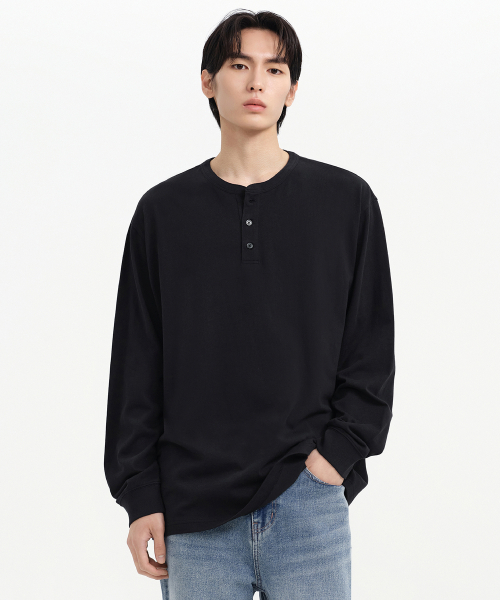 ヘンリーネック 長袖Tシャツ リブカフス ブラック メンズ カジュアル 画像 2