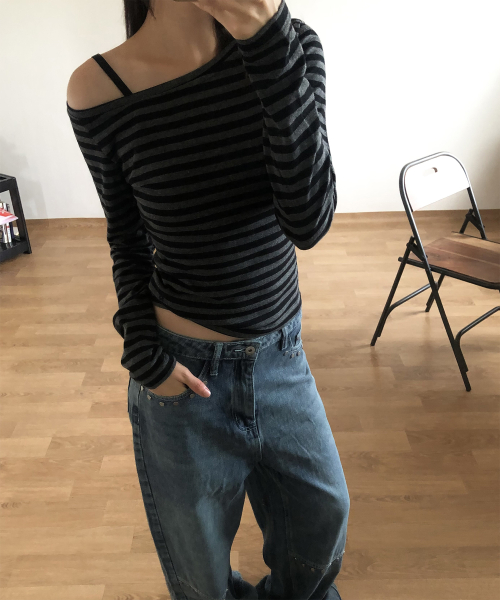 ストライプ サイド アンバル ワンオフショルダー ボーダー Tシャツ 画像 2