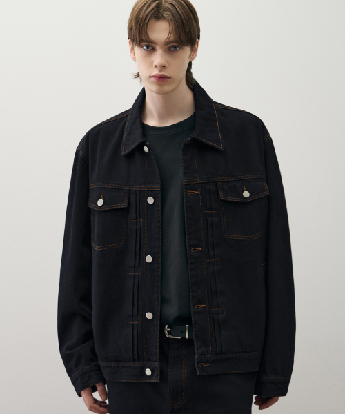 DRAW FIT ウォッシュ加工 リラックスデニム トラッカージャケット BLACK INDIGO 画像 3