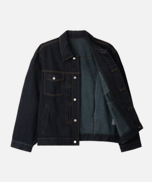 DRAW FIT ウォッシュ加工 リラックスデニム トラッカージャケット BLACK INDIGO