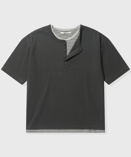 キミュア レイヤードデザイン ヘンリーネック クロップ Tシャツ 半袖 チャコール 画像 3