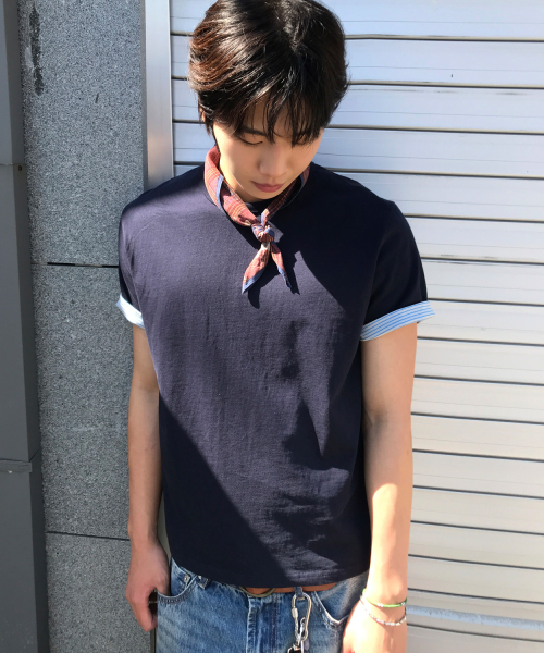 レアル ストライプレイヤードロールアップTシャツ ネイビー 画像 2