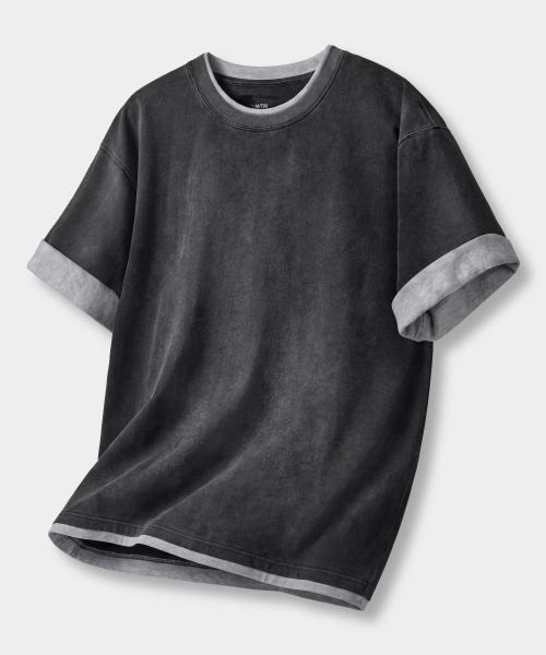 ディミトリブラック 配色レイヤード半袖Tシャツ ピグメントチャコール ロールアップ袖 画像 2