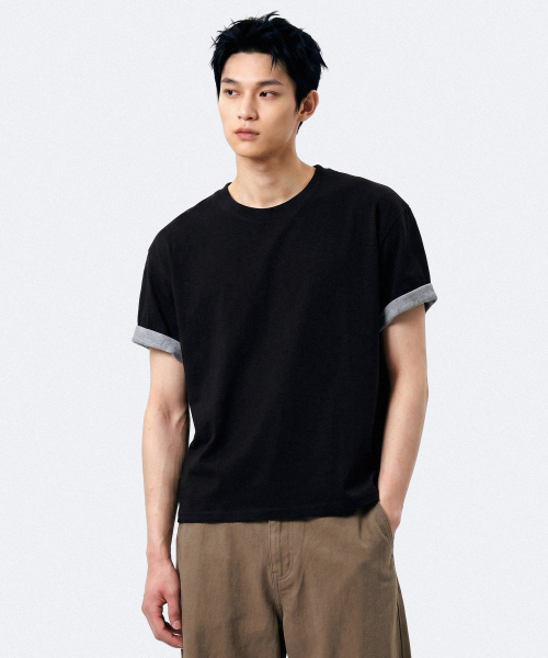 UNDER OFF ロールアップスリーブ クロップ丈 半袖Tシャツ ブラック レディース カジュアル トップス 画像 2