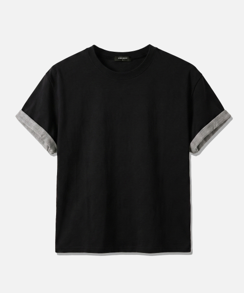 UNDER OFF ロールアップスリーブ クロップ丈 半袖Tシャツ ブラック レディース カジュアル トップス 画像 1