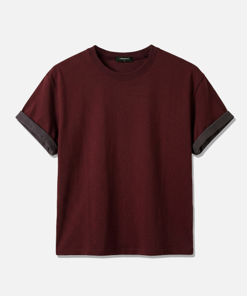 UNDER HOOF バーガンディ クロップ丈 半袖Tシャツ ロールアップスリーブ レディース 画像 2
