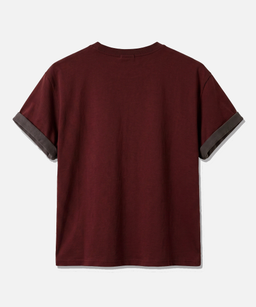 UNDER HOOF バーガンディ クロップ丈 半袖Tシャツ ロールアップスリーブ レディース 画像 3