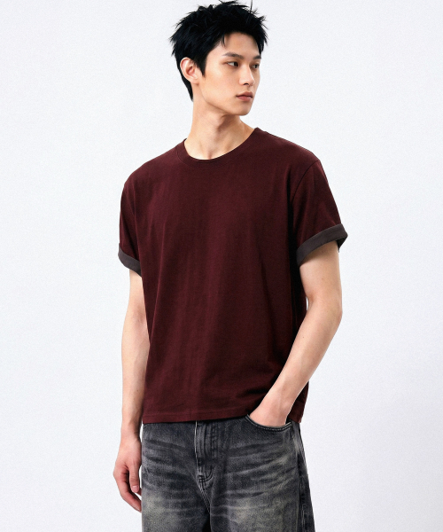 UNDER HOOF バーガンディ クロップ丈 半袖Tシャツ ロールアップスリーブ レディース 画像 4